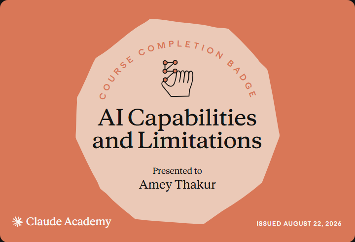 Claude Academy completion badge for AI Capabilities and Limitations, issued to Amey Thakur