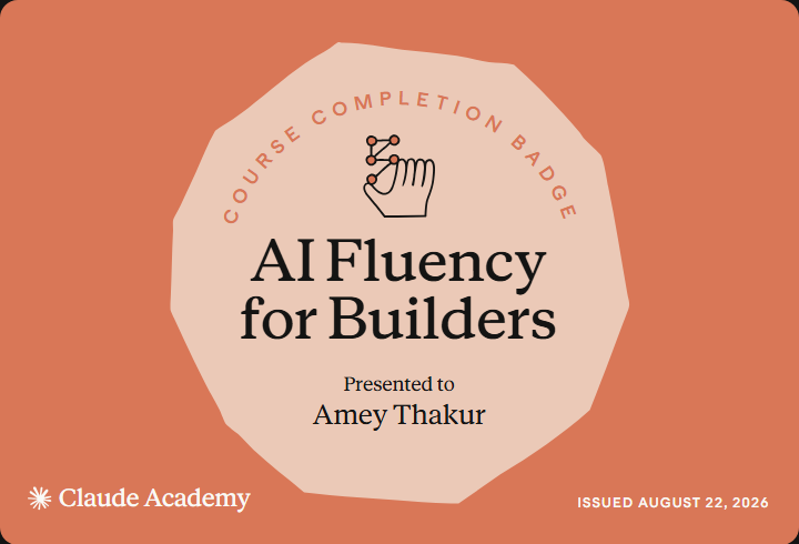 Claude Academy completion badge for AI Fluency for Builders, issued to Amey Thakur