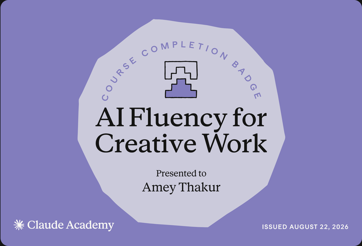 Claude Academy completion badge for AI Fluency for Creative Work, issued to Amey Thakur