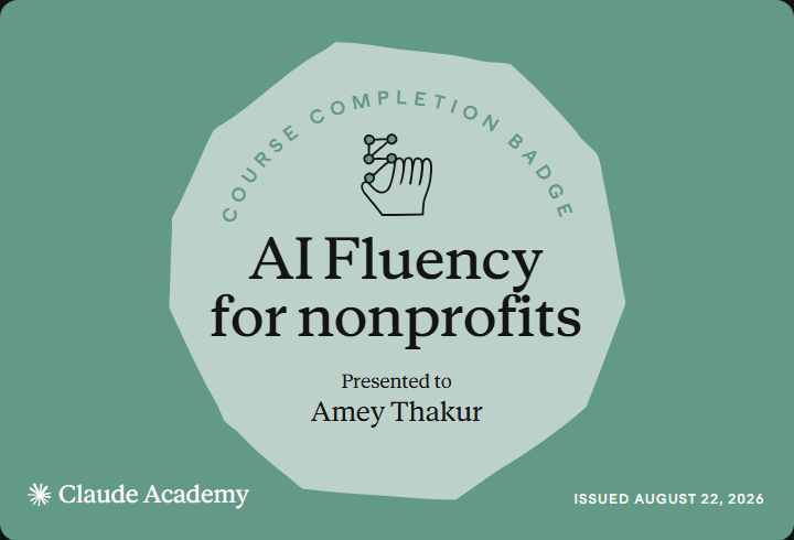 Claude Academy completion badge for AI Fluency for nonprofits, issued to Amey Thakur