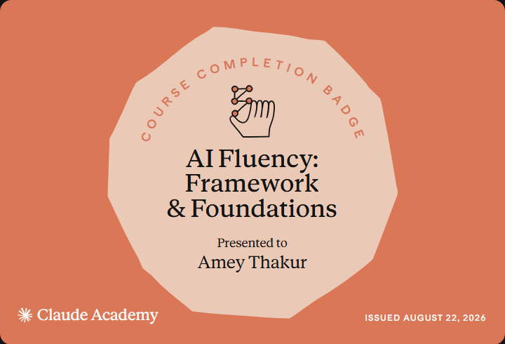 Claude Academy completion badge for AI Fluency: Framework & Foundations, issued to Amey Thakur
