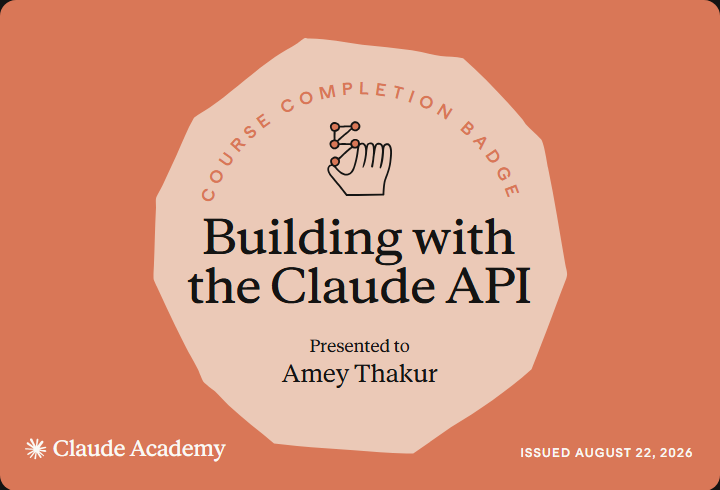 Claude Academy completion badge for Building with the Claude API, issued to Amey Thakur