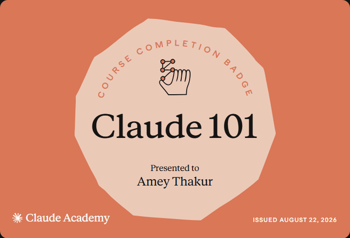 Claude Academy completion badge for Claude 101, issued to Amey Thakur