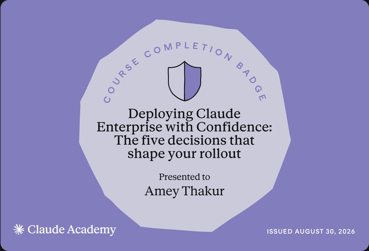 Claude Academy completion badge for Deploying Claude Enterprise with Confidence, issued to Amey Thakur