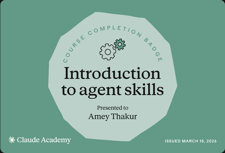 Claude Academy completion badge for Introduction to agent skills, issued to Amey Thakur