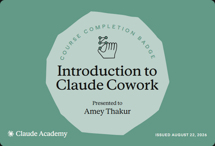 Claude Academy completion badge for Introduction to Claude Cowork, issued to Amey Thakur