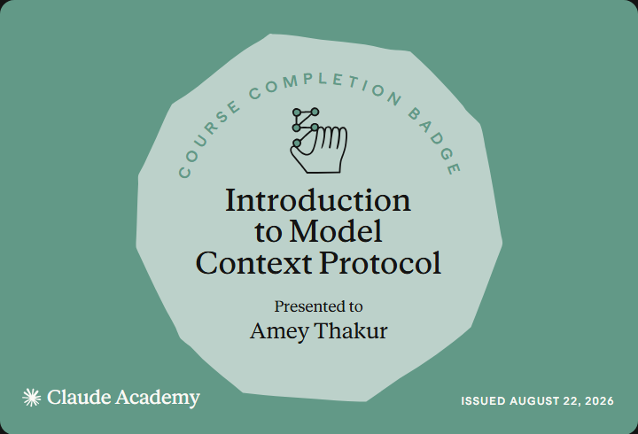 Claude Academy completion badge for Introduction to Model Context Protocol, issued to Amey Thakur