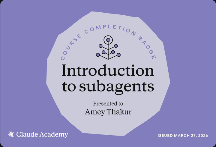 Claude Academy completion badge for Introduction to subagents, issued to Amey Thakur