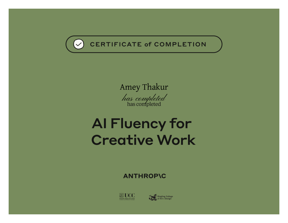 AI Fluency for Creative Work certificate of completion issued to Amey Thakur