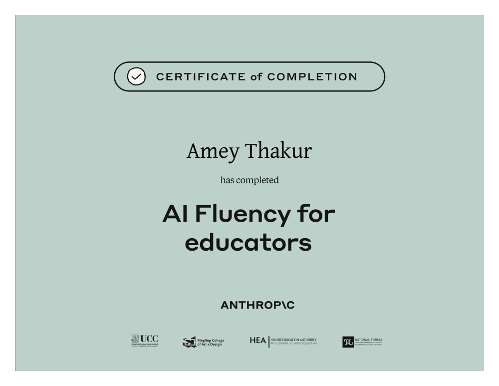 AI Fluency for educators certificate of completion issued to Amey Thakur