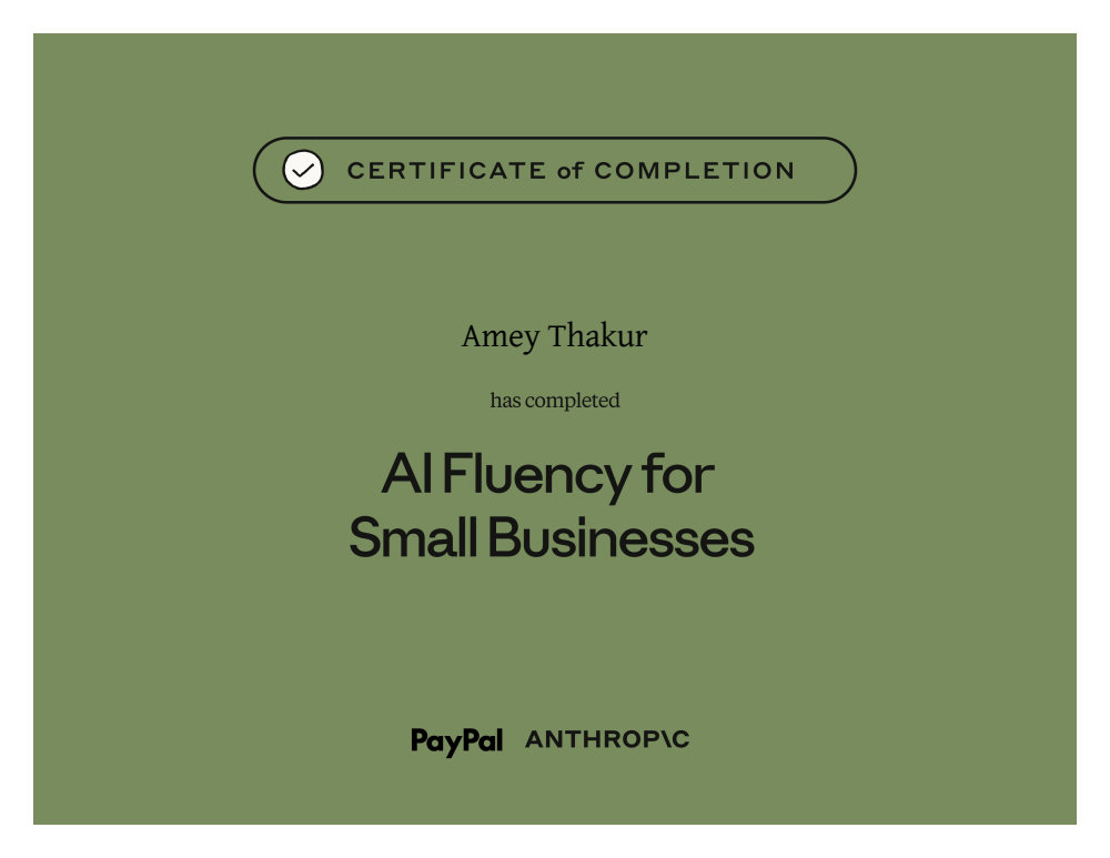 AI Fluency for Small Businesses certificate of completion issued to Amey Thakur