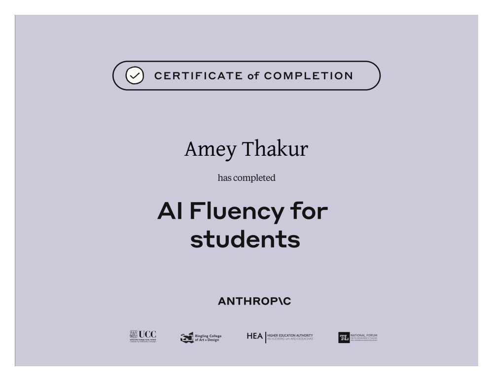 AI Fluency for students certificate of completion issued to Amey Thakur