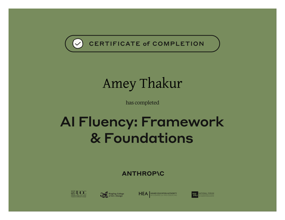 AI Fluency: Framework and Foundations certificate of completion issued to Amey Thakur