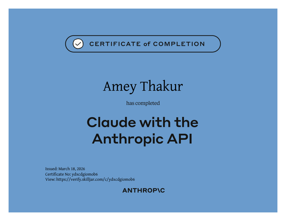 Building with the Claude API certificate of completion issued to Amey Thakur