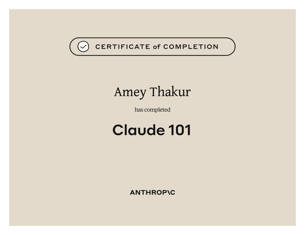 Claude 101 certificate of completion issued to Amey Thakur