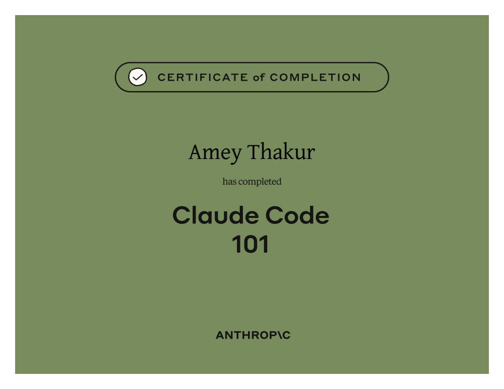 Claude Code 101 certificate of completion issued to Amey Thakur