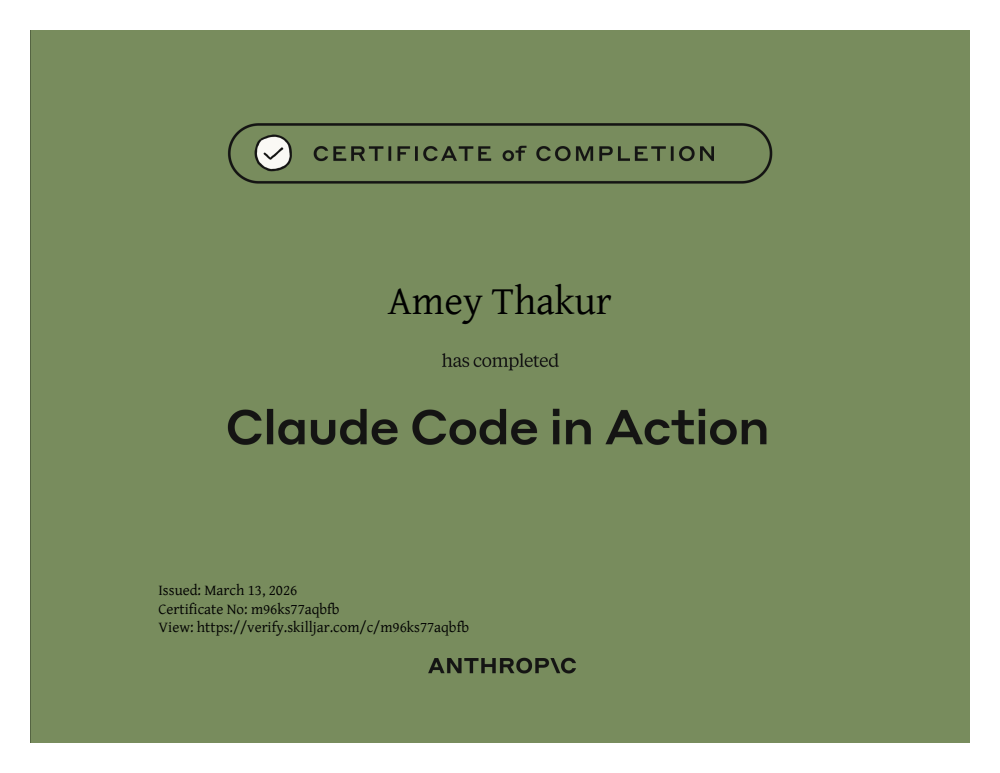 Claude Code in Action certificate of completion issued to Amey Thakur