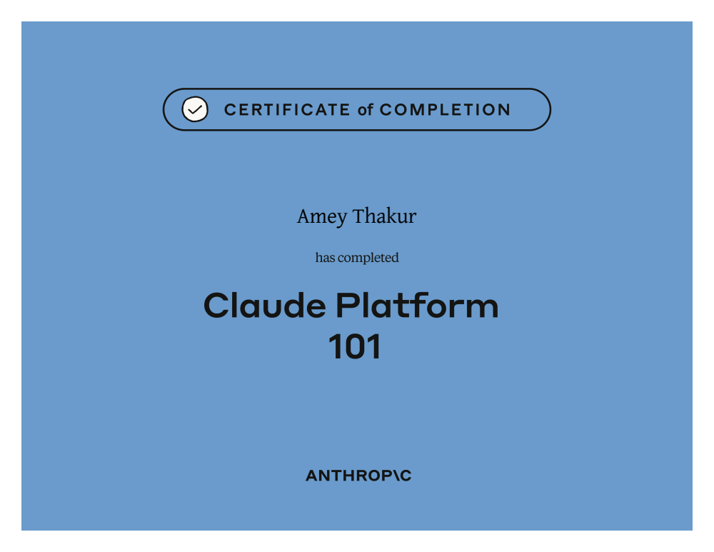 Claude Platform 101 certificate of completion issued to Amey Thakur