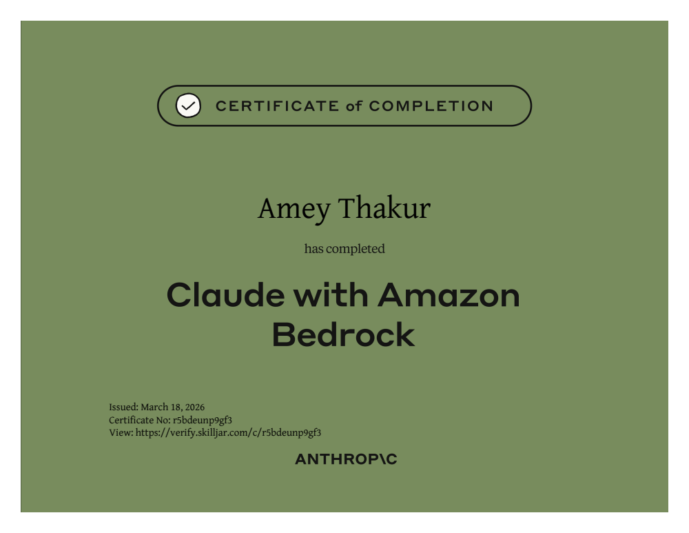 Claude with Amazon Bedrock certificate of completion issued to Amey Thakur