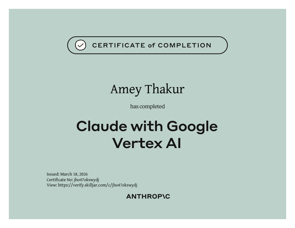 Claude on Google Cloud certificate of completion issued to Amey Thakur