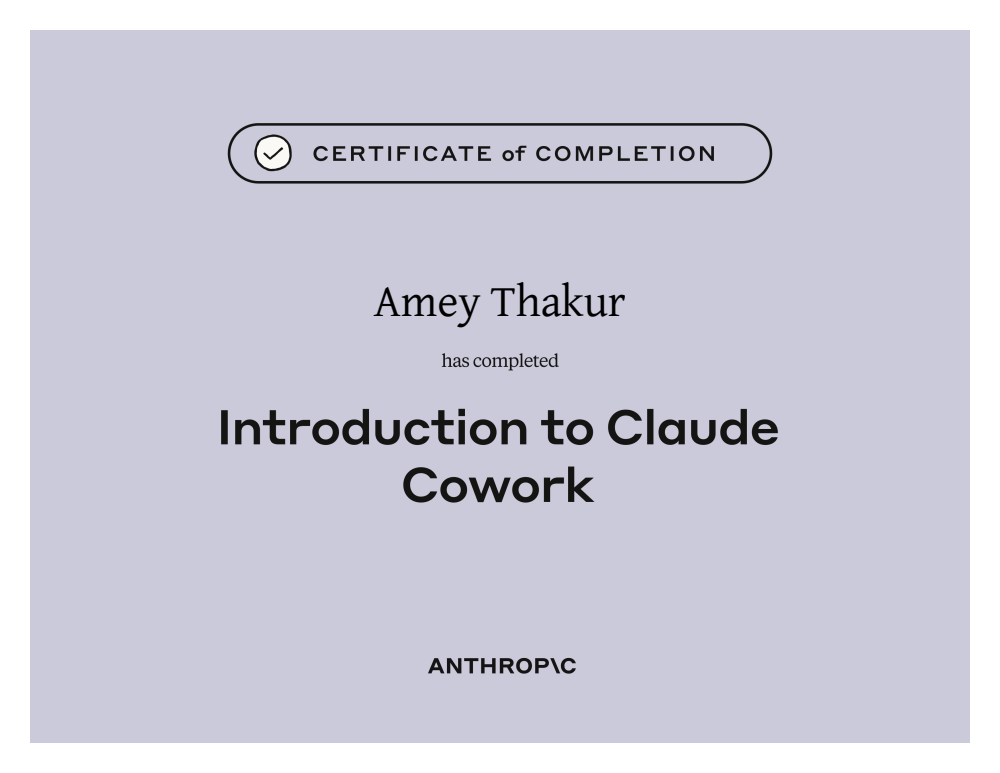 Introduction to Claude Cowork certificate of completion issued to Amey Thakur