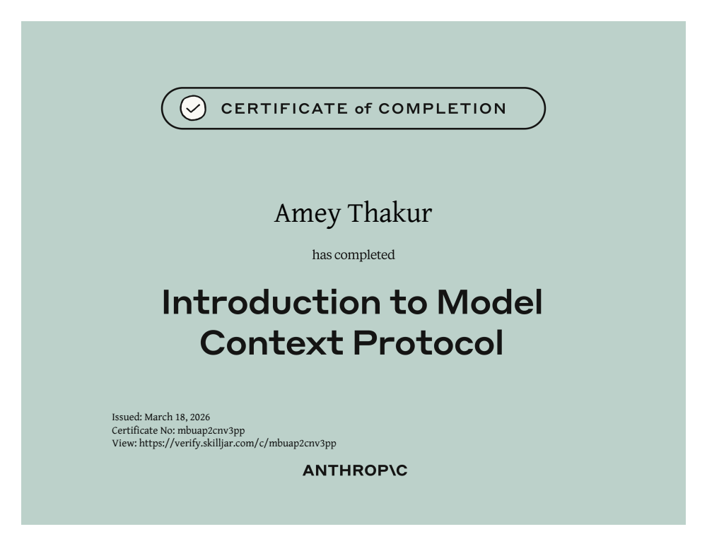 Introduction to Model Context Protocol certificate of completion issued to Amey Thakur
