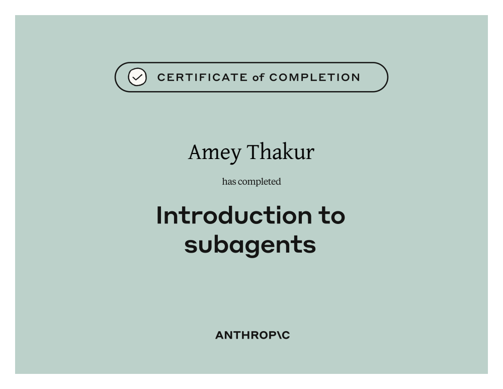 Introduction to subagents certificate of completion issued to Amey Thakur