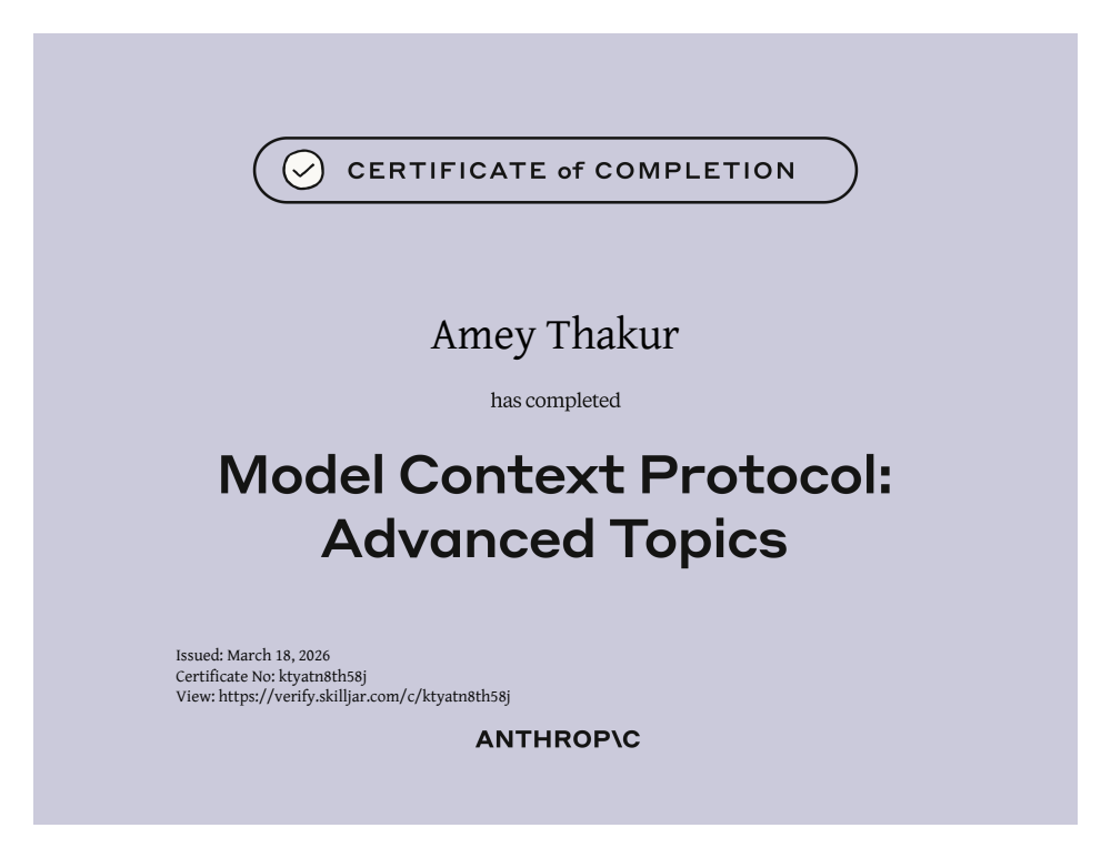 Model Context Protocol: Advanced Topics certificate of completion issued to Amey Thakur