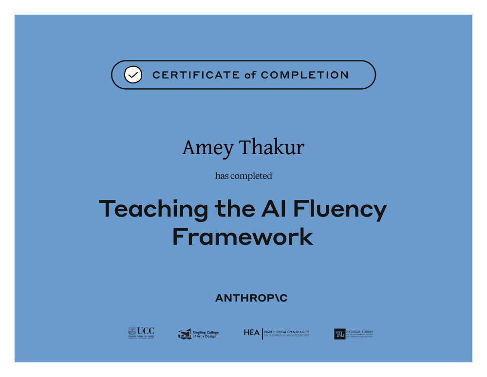Teaching AI Fluency certificate of completion issued to Amey Thakur