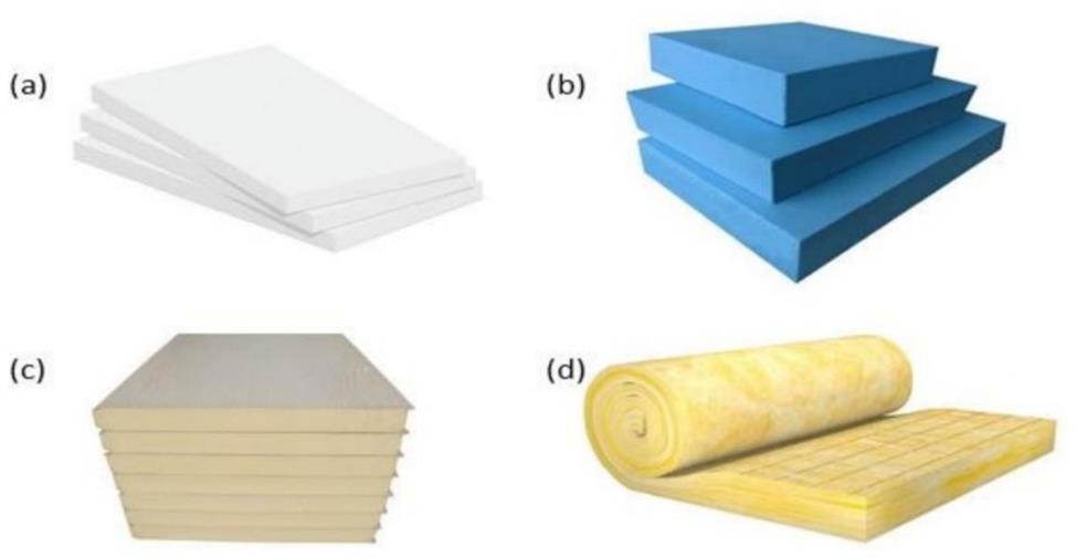 Insulating materials: (a) EPS (b) XPS; (c) PUF; and (d) Fibreglass roll sheet [21]