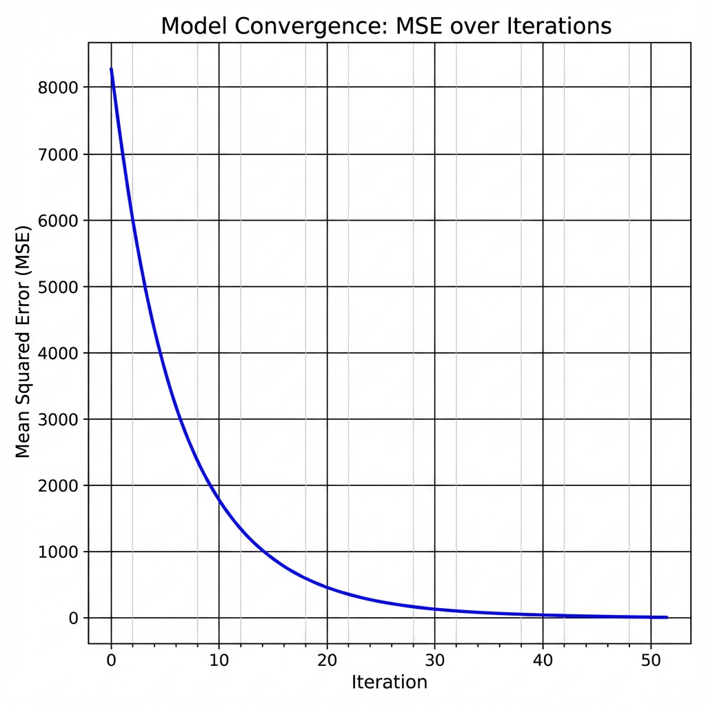 MSE Convergence Plot: Demonstrates iterative reduction in error during model training.