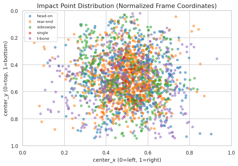 Scatter plot of ground-truth impact points across the synthetic split in normalized coordinates, coloured by collision type, with points concentrated around the centre of the unit square.