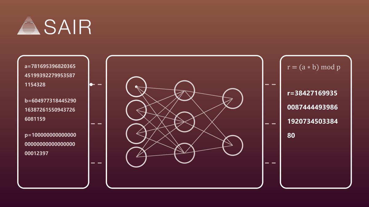 Two operands and a prime entering a small network, and the exact residue leaving it, in the SAIR Foundation card style.