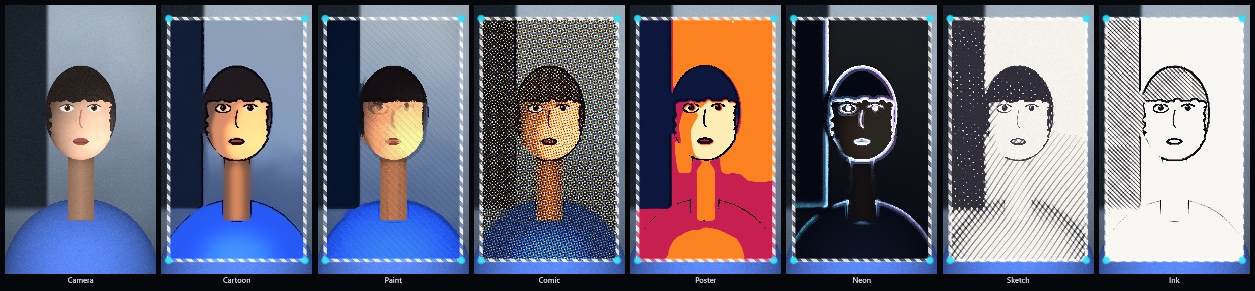 Seven rendering media shown side by side on the same frame, so the differences between them can be judged directly.
