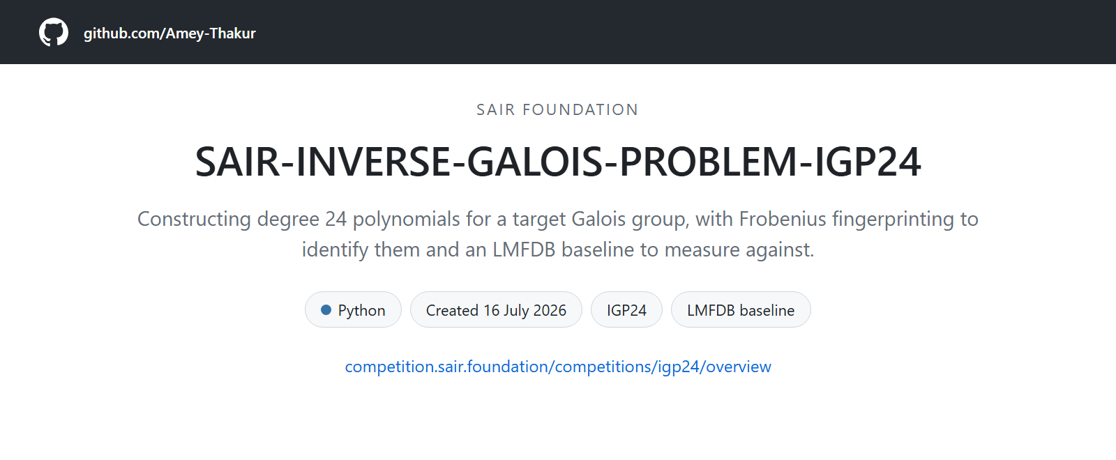 A card for SAIR-INVERSE-GALOIS-PROBLEM-IGP24: degree 24 polynomial construction with Frobenius fingerprinting, Python, created 16 July 2026, for the SAIR Foundation.