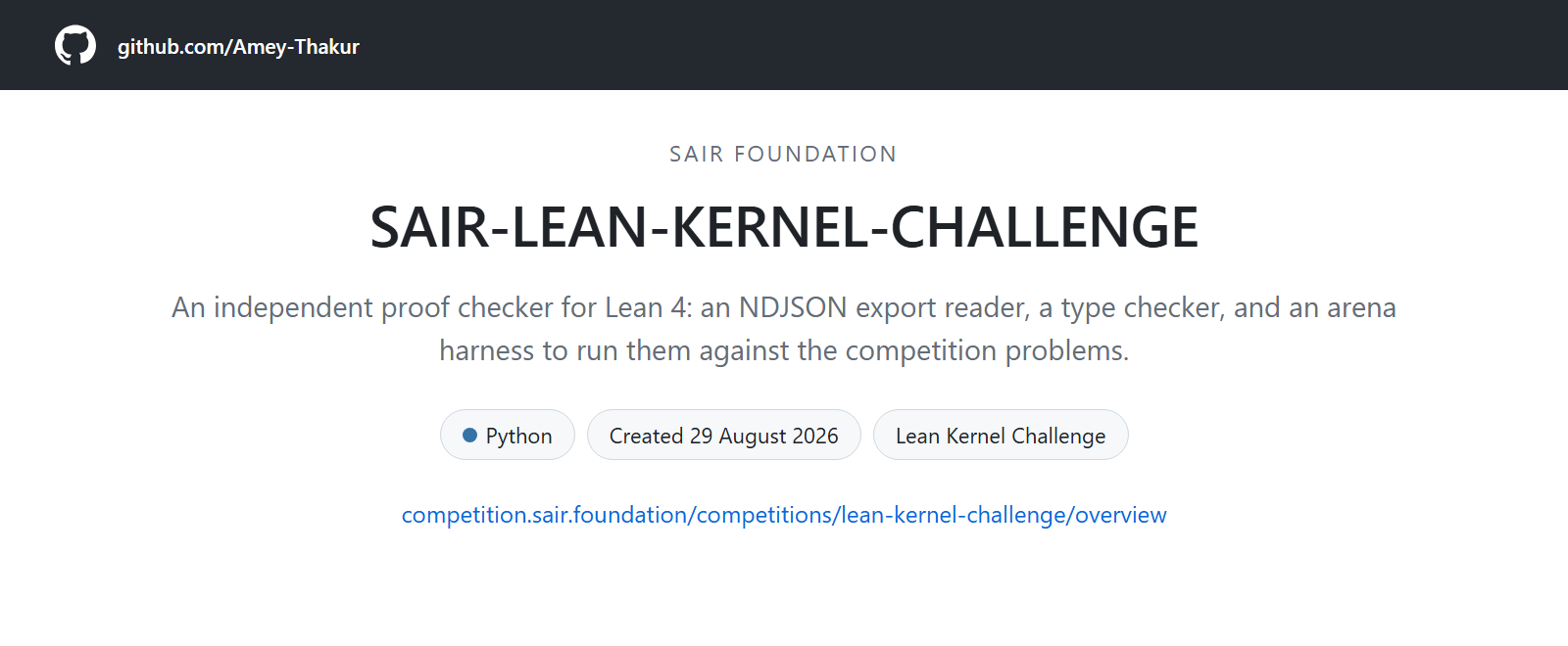 A card for SAIR-LEAN-KERNEL-CHALLENGE: an independent Lean 4 proof checker, Python, created 29 August 2026, for the SAIR Foundation.
