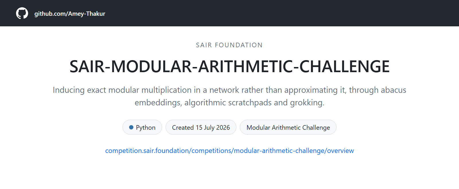 A card for SAIR-MODULAR-ARITHMETIC-CHALLENGE: neural induction of exact modular multiplication, Python, created 15 July 2026, for the SAIR Foundation.